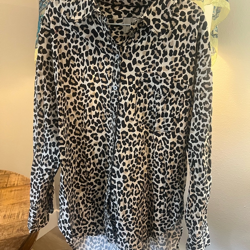 Maeve Leopard Print Button-Up Top in Black and Cream